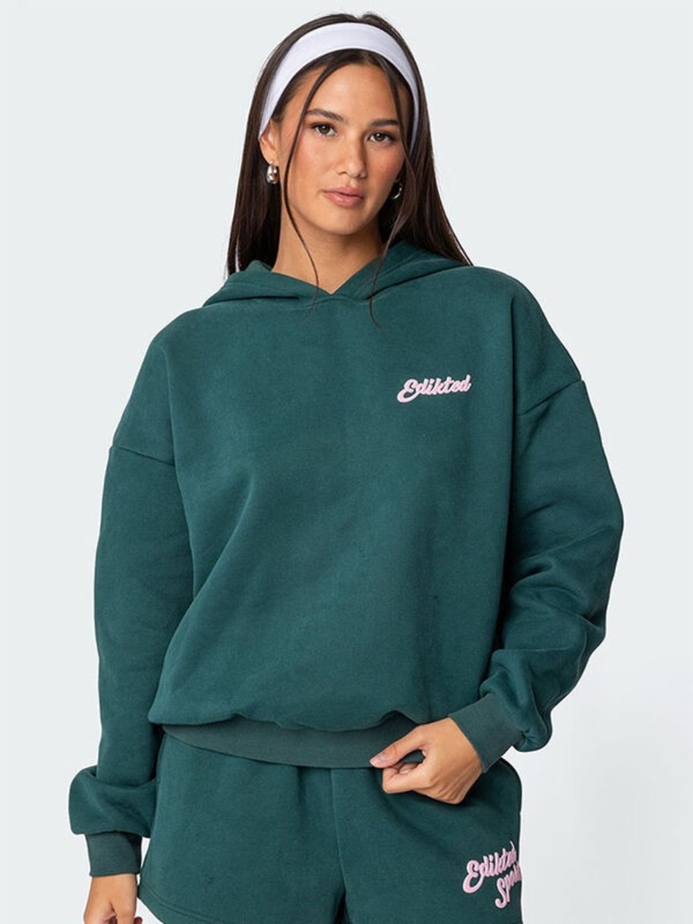 Edikted Forest Green Hoodie Sweater with Pink Script Logo